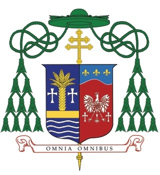 The coat of arms of Archbishop Wenski as Archbishop of Miami is a combination of his personal one with that of the archdiocese.