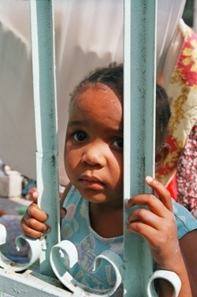 A child is pictured here at the makeshift medical clinic near the National Cathedral in Port-au-Prince.