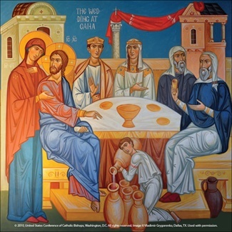 This image of the Wedding Feast at Cana, written by contemporary artist and iconographer Vladimir Grygorenko, depicts the major elements of the familiar story from the Gospel of John (2:1-11). At right, the head waiter tells the groom, seated beside the bride, that the good wine has been kept until last. The second man on the right represents the wedding guests, who do not understand the meaning of what has transpired. In the foreground, the server pours the water at Christ’s command, and at left, Mary converses with Christ.  conversation shows forth Christ’s desire to help the married couple at Mary’s request, and it is central to the meaning of the piece.