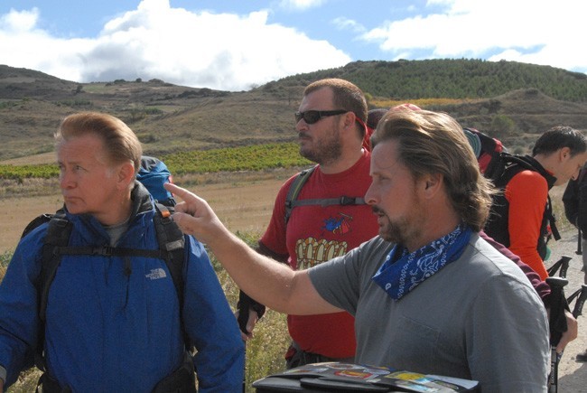 Actors Martin Sheen and Yorick van Wageningen talk about an upcoming scene of the movie "The Way" with director Emilio Estevez, Sheen's son.