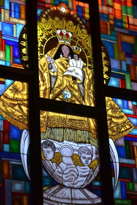 View of the stained glass window depicting Our Lady of Charity that now adorns St. Brendan Church.