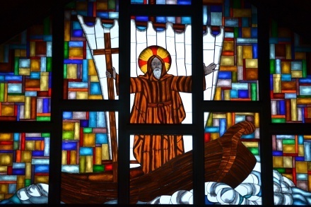 View of the stained glass window depicting St. Brendan which faces SW 87th Avenue.