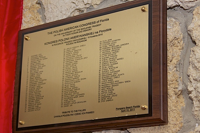 A close-up of the plaque that lists all 96 victims of the Polish Air Force Tu-154 crash that occurred April 10, 2010.