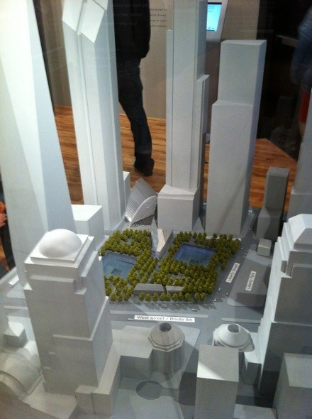 A bird's-eye view of what the 9/11 Memorial will look like, found at the 9/11 Visitors Center.