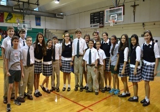 St. Kevin Catholic School Academic Olympians included: Top (from left): Ryan Neyra and Kevin Valledor; Middle Row: Lucas Smith, Derek Perez, Carolina Cantens, Adriana Perez, Nicholas Alvear, Elizabeth Gallego, Alejandro Pardiñas, Isabella Fernandez, Isabella Romeu, Gabriella Menendez, Krizia Arango, Stella Ramirez, Vanessa Batista, and Amanda Perez. Bottom Row: Nicholas Oramas and Jose Enriquez
