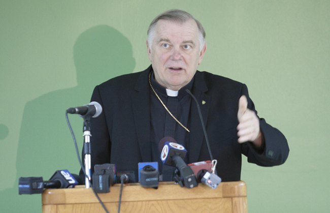 Archbishop Thomas Wenski speaks to the media regarding the archdiocese's decision to file a lawsuit in federal court against the Health and Human Services mandate that would require the Church and its entities to provide contraception and sterilization and abortion-inducing drugs as part of its health care coverage for employees.