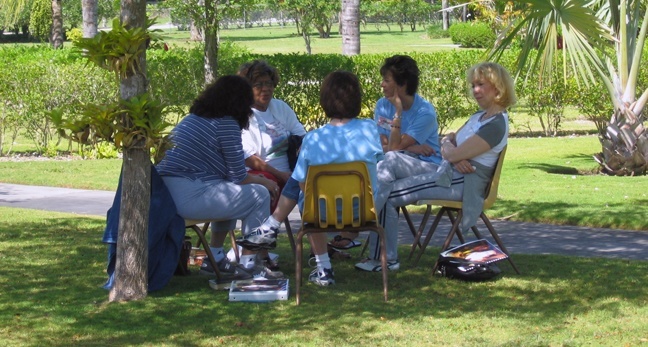 Women gather for a group activity on the grounds of MorningStar Renewal Center.