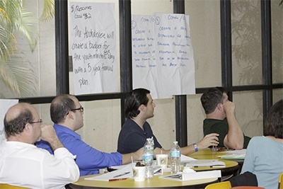 Team members watch as Synod director Rosemarie Banich tallies the votes of the Synod focus team on youth ministry.