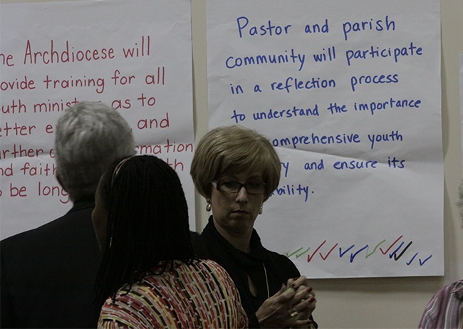 Members of the Synod focus team on youth ministry check off their priorities from among a number of options posted on the wall of the Pastoral Center cafeteria.