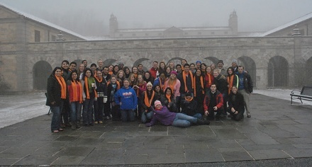 The participants of the pilgrimage take one last photo at The Shrine of St. Anthony in Ellicott City, Md.