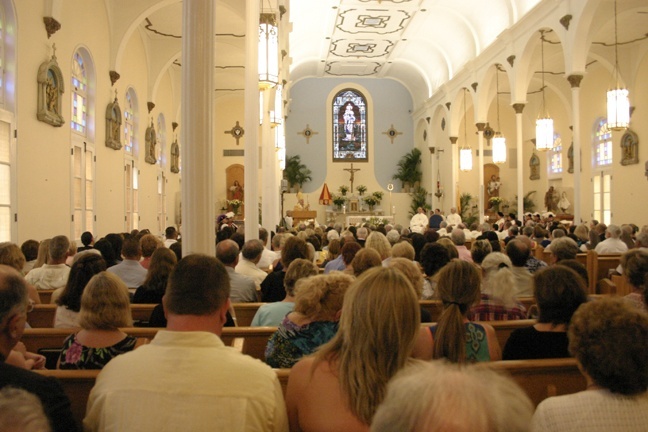 View of the new basilica, with its distinctive architecture, during the Mass.