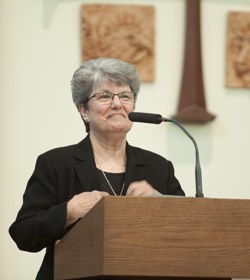 Adrian Dominican Sister Linda Bevilacqua, president of Barry University, welcomes Father Bruno Cadoré, master of the Dominican Order and successor to St. Dominic, to the university campus at the start of the Mass.