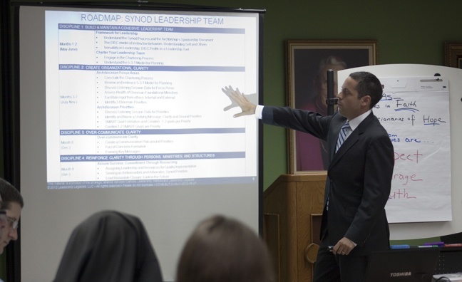 Dan Cellucci of the Catholic Leadership Institute directs the Synod Leadership Team in their planning and discussion session.