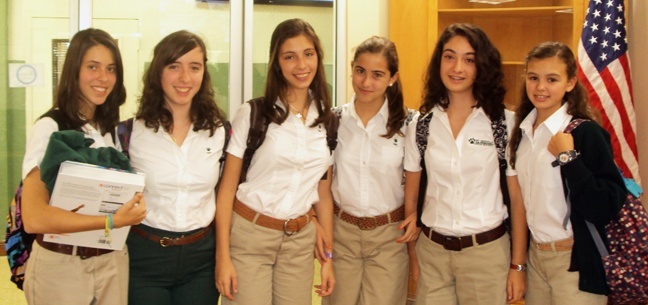 The six sophomores from Spain who are attending St. Brendan this year are, from left: Laura de las Heras, Irene Madroal, Clara Rodriguez, Maria Suarez del Villar, Mercedes Sanchez, and Natalia de la Puente.