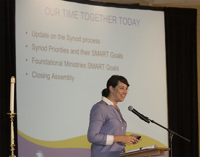 Synod Director Rosemarie Banich gives priests a preview of the final Synod recommendations during their September convocation.