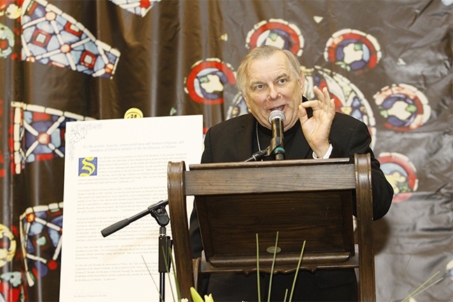 Archbishop Thomas Wenski delivers a brief pep talk to South Florida Catholics at the conclusion of the Synod closing assembly. "Every one of you is great because you have served so well," he said.