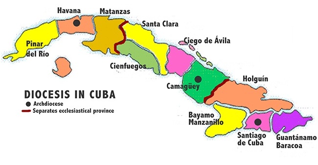 Mapa de las 11 diócesis de Cuba.