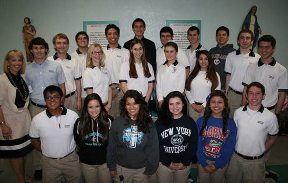 Pictured above are 20 National Merit Scholar nominees and three finalists from Archbishop Edward A. McCarthy High School. Back row, from left: Pilar Blanco, director of guidance, Connor Moore, Daniel Gonzalez, Lloyd Beaufils, Brandon Duren, Ruben Alvarez, Rilde Leon, Andre Ramirez-Cedeno, Christopher Strohmeier. Second row: Christopher Vazquez, Dakota Connell-Ledwon, Kaylee Martinez, Ariana Tejero, Bianca Galasso, Richard Barrow. Front row: Erikzzon Latoja, Angela Blanco, Allegra Narvaez, Elaine Valdes, L. Simona Morales, Carlos Soto.