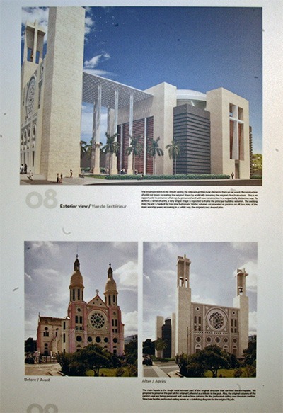 Part of winning design for a rebuilt Notre Dame de L'Assomption is shown in the top view; at bottom a view of the new facade using part of old facade.