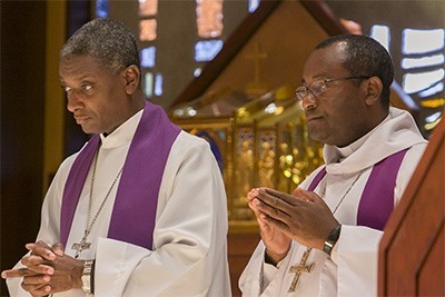 Bishop Chibly Langlois of Les Cayes, president of the Haitian bishops' conference, and Bishop Launay Saturné of Jacmel, take part in the Mass.