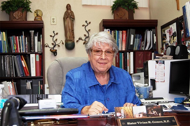 Sister Vivian Gomez of the Sisters of St. Philip Neri is pictured here in her office at St. Jerome School.