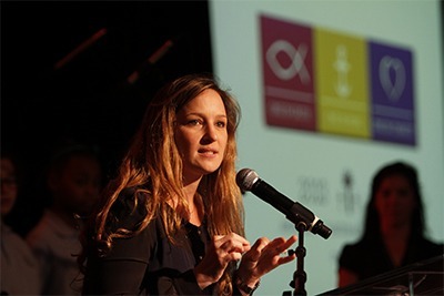 Katie Blanco-Crocquet, archdiocesan director of development, speaks to guests at the Broward ABCD lunch.