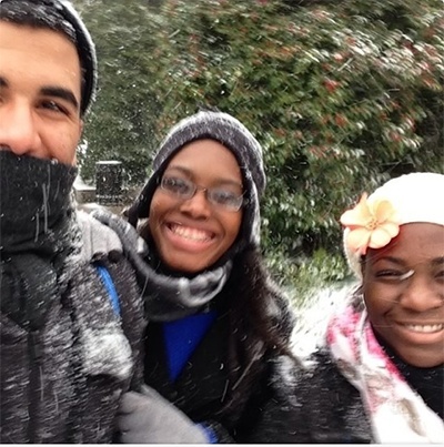 Daniel Diaz, Iboni Richards and Aisha Louis of Archbishop Curley Notre Dame High School enjoy a snow day during the March for Life in Washington, D.C.