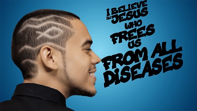 Alvaro Vega, with a Christian fish symbol carved into his hair, speaks his faith in his video "I Believe."