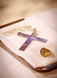 Bishop-elect Peter Baldacchino's ring and pectoral cross are  pictured here in the sanctuary of St. Mary Cathedral. Archbishop Thomas Wenski would bless them during vespers.