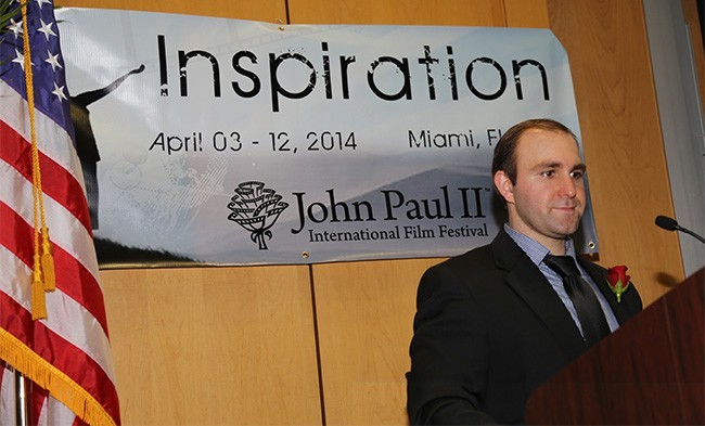 Frank Brennan, co-founder of the John Paul II Film Festival, welcomes the audience to the awards ceremony. A member of Our Lady of Lourdes Parish in Kendall, he is an independent filmmaker and screen writer as well as a youth and young adult minister at his church.