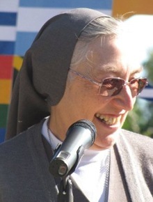 Mother Yvonne Reungoat, superior general of the Daughters of Mary Help of Christians, speaks to students at Immaculata-La Salle High School Nov. 13. The school is staffed by members of her order, also known as Salesians of St. John Bosco.