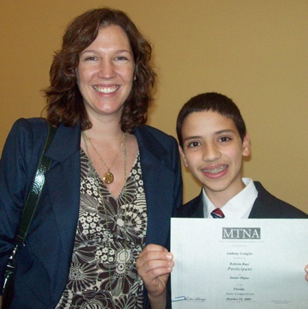 Florida Music Teacher's National Association (MTNA) Junior Piano Competition Winner, Anthony Coniglio, with Lisa Leonard of Lynn University's Conservatory of Music, who was one of the judge for this competition and serves as Corresponding Secretary for the Florida State Music Teachers Association.
